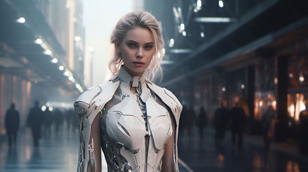 Beautiful Scandinavian woman with model looks, strolling through the streets of a cyberpunk city with high-tech buildings.の素材
