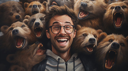 Cheerful young man in eyeglasses is looking at the camera and smiling while standing among the bears.の素材