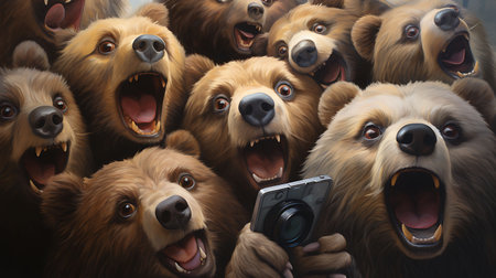 Group of bear heads with a camera in their mouth. 3d illustrationの素材