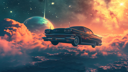 Flying car against a cosmic sunset. Copy Spaceの素材