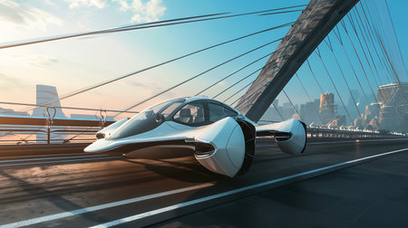 Flying car against a futuristic bridge. Copy Spaceの素材