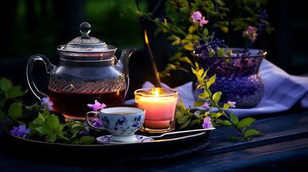 Evening tea outdoors with aromatic flowers. In the style of hygge.の素材