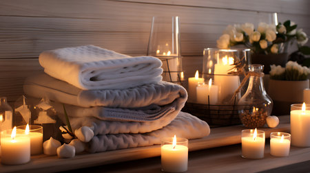 Bathroom with aromatic candles and soft towels. In the style of hygge.の素材