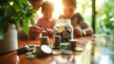 Family saving for their children's education, emphasizing the long-term rewards of financial planning. Copy Spaceの素材