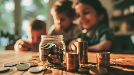 Family saving for their children's education, emphasizing the long-term rewards of financial planning. Copy Spaceの素材