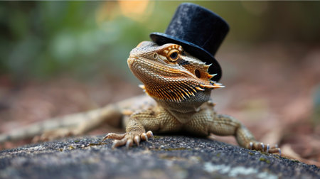 Amusing snapshot of a bearded dragon striking a pose with a miniature top hat on its head.の素材