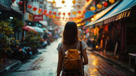 Asian woman capturing the essence of urban exploration as she walks through the dynamic Chinatown of Bangkok. Copy Spaceの素材