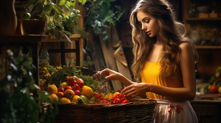 Beautiful young woman placing organic products in her basketの素材