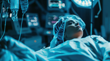 Patient undergoing a non-invasive medical procedure, focusing on advanced medical technology. Copy Space.の素材