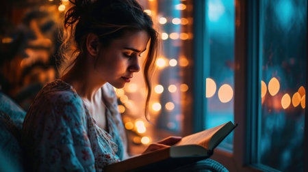 Beautiful lonely young woman having a cozy evening with a book. Copy Spaceの素材