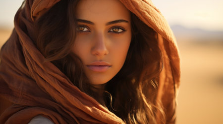 Young beautiful Bedouin woman framed by the beauty of golden sand dunesの素材