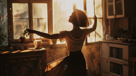 Beautiful lonely young woman dancing at home. Copy Spaceの素材