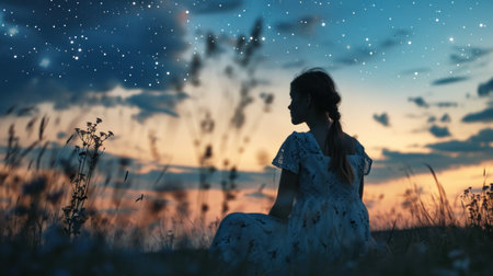 Beautiful lonely young woman gazing at the stars in the quiet evening. Copy Spaceの素材