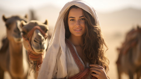 Young beautiful Bedouin woman participating in traditional camel races in the desertの素材