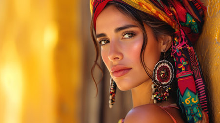 Beautiful amazing Spain woman on studio background. Copy Space.の素材