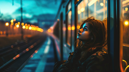 Beautiful young woman boarding a night train, gazing out of the window as the city lights fade away, in the style of adventure. Copy space.の素材