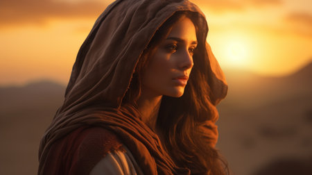 A young beautiful Bedouin woman witnessing the sunset in a desert oasisの素材