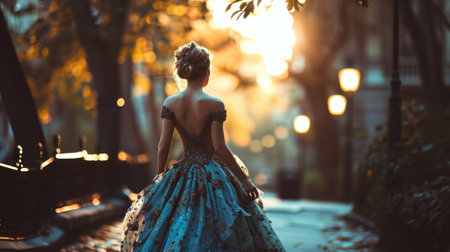 Beautiful lonely young woman walking in a beautiful dress through the city. Copy Spaceの素材
