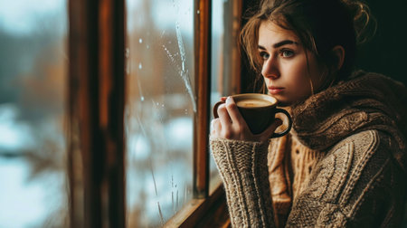 Beautiful lonely young woman sitting by the window with a hot drink. Copy Spaceの素材