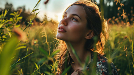 Beautiful lonely young woman spending time outdoors. Copy Spaceの素材