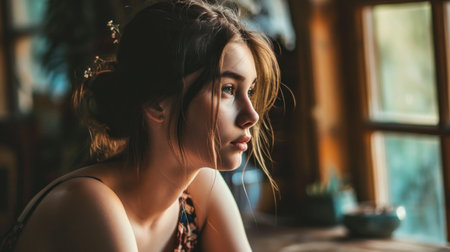 Beautiful lonely young woman pursuing her favorite hobby. Copy Spaceの素材