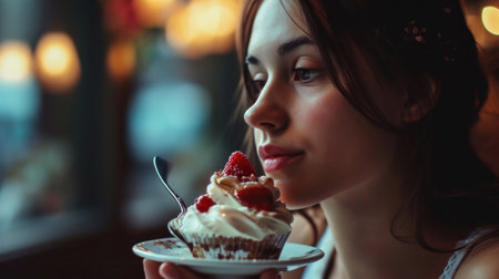 Beautiful lonely young woman treating herself to a delicious dessert. Copy Spaceの素材