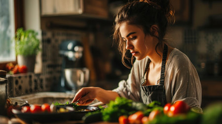 Beautiful lonely young woman preparing a special dinner for herself. Copy Spaceの素材