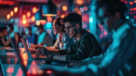 Programmers attending a tech conference, networking, and gaining inspiration from industry leaders. Copy Spaceの素材