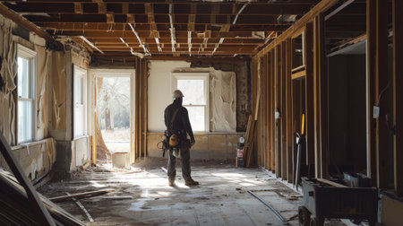 Posing for renovation photos along completed areas, capturing the essence of the transformation. Copy Space.の素材