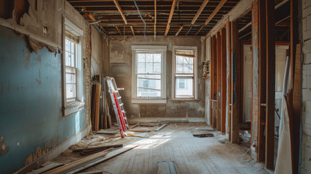 Posing for renovation photos along completed areas, capturing the essence of the transformation. Copy Space.の素材