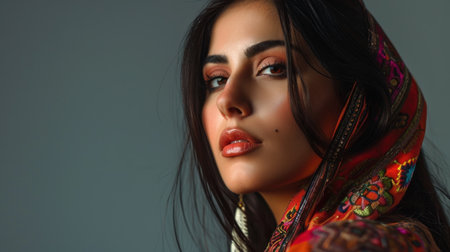 Beautiful amazing Iranian woman on studio background. Copy Spaceの素材