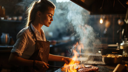 Beautiful young woman confidently searing a steak on a high-powered industrial grill, capturing the essence of culinary expertise in the style of culinary mastery. Copy Spaceの素材