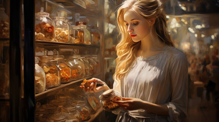 Beautiful young woman choosing delicacies in the gourmet section.の素材