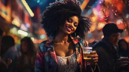 Young african american woman with glass of beer in the cityの素材