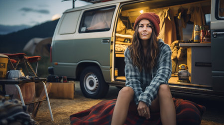Beautiful young woman sitting in front of camper van and looking at cameraの素材