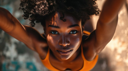 Close up portrait of a beautiful African American woman with afro hairstyle, posing outdoors.の素材