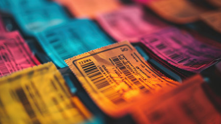 Colorful tickets for sale in a flea market, close upの素材