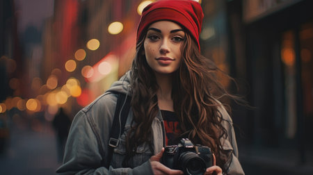 Beautiful young woman in a red hat with a camera in the city.の素材