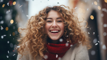 Close up portrait of a beautiful young woman with curly hair in a red scarf and a white knitted sweater on the background of a winter street.の素材
