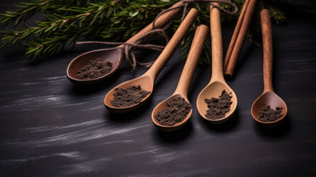 Spices and herbs in wooden spoons on a black background.の素材