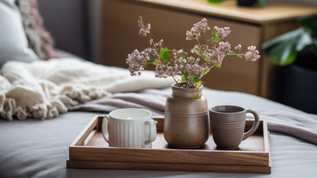 Coffee cup on wooden tray on bed in bedroom interior.の素材