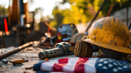 Construction site with hard hat, helmet and other tools. Selective focus.の素材