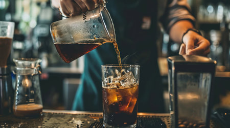 Barista pouring ice coffee into a glass with ice cubes, stock photoの素材