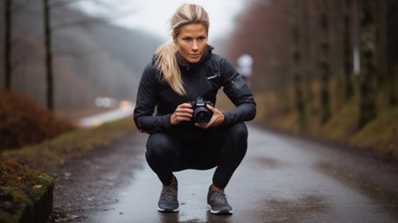 Young attractive woman in sportswear with camera in the rain.の素材