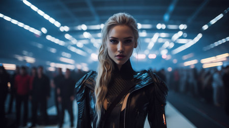 Fashion portrait of a beautiful blonde woman in a black leather jacketの素材
