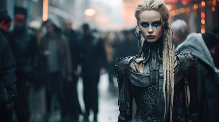 Fashion shot of a beautiful steampunk woman in the city.の素材