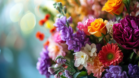 Bouquet of colorful flowers on bokeh background, close upの素材