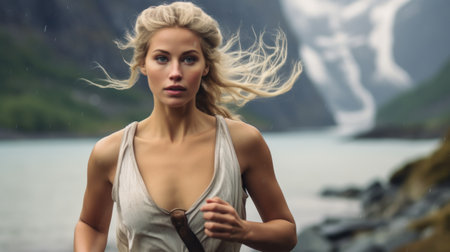 Blonde girl in a white dress in the mountains in the rainの素材