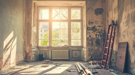 Interior of an old house with a broken window in the foregroundの素材