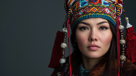 Portrait of a beautiful young woman in a knitted hat and scarfの素材